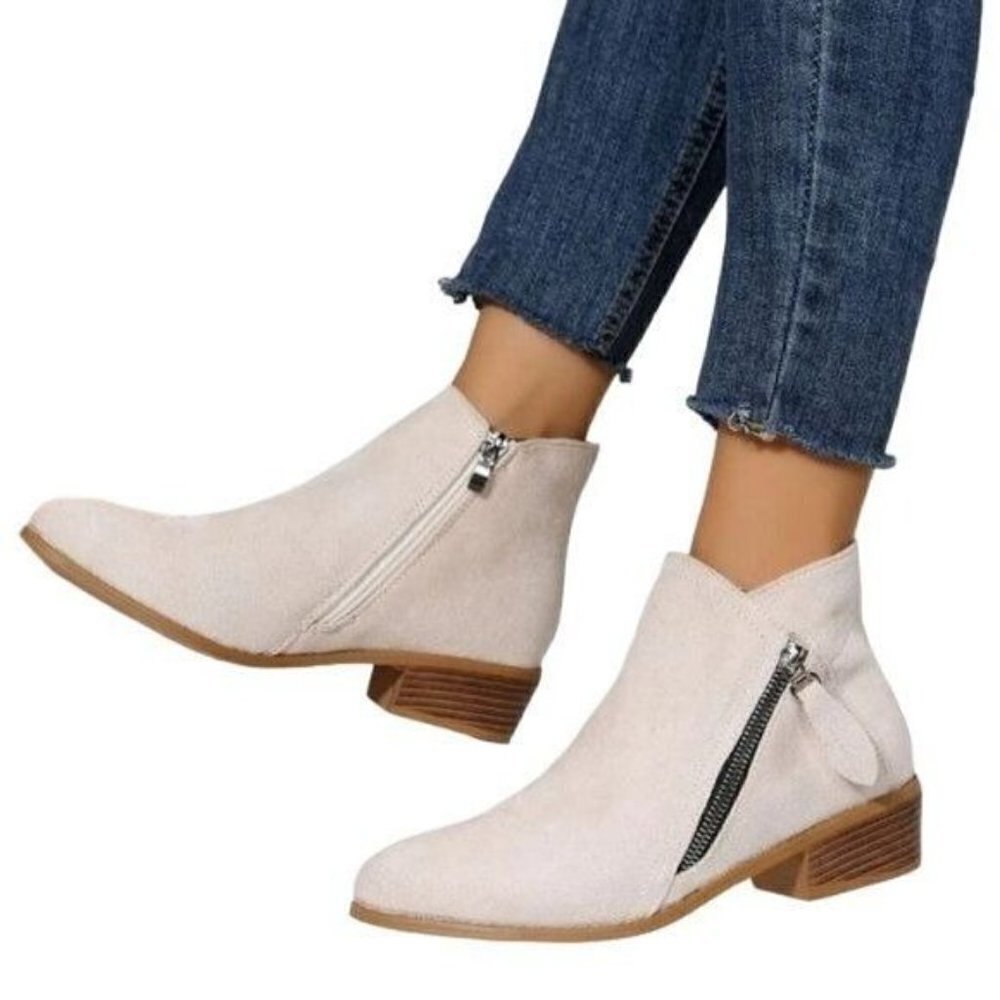 Chunky Heel Side Zip Faux Suede Ankle Boots